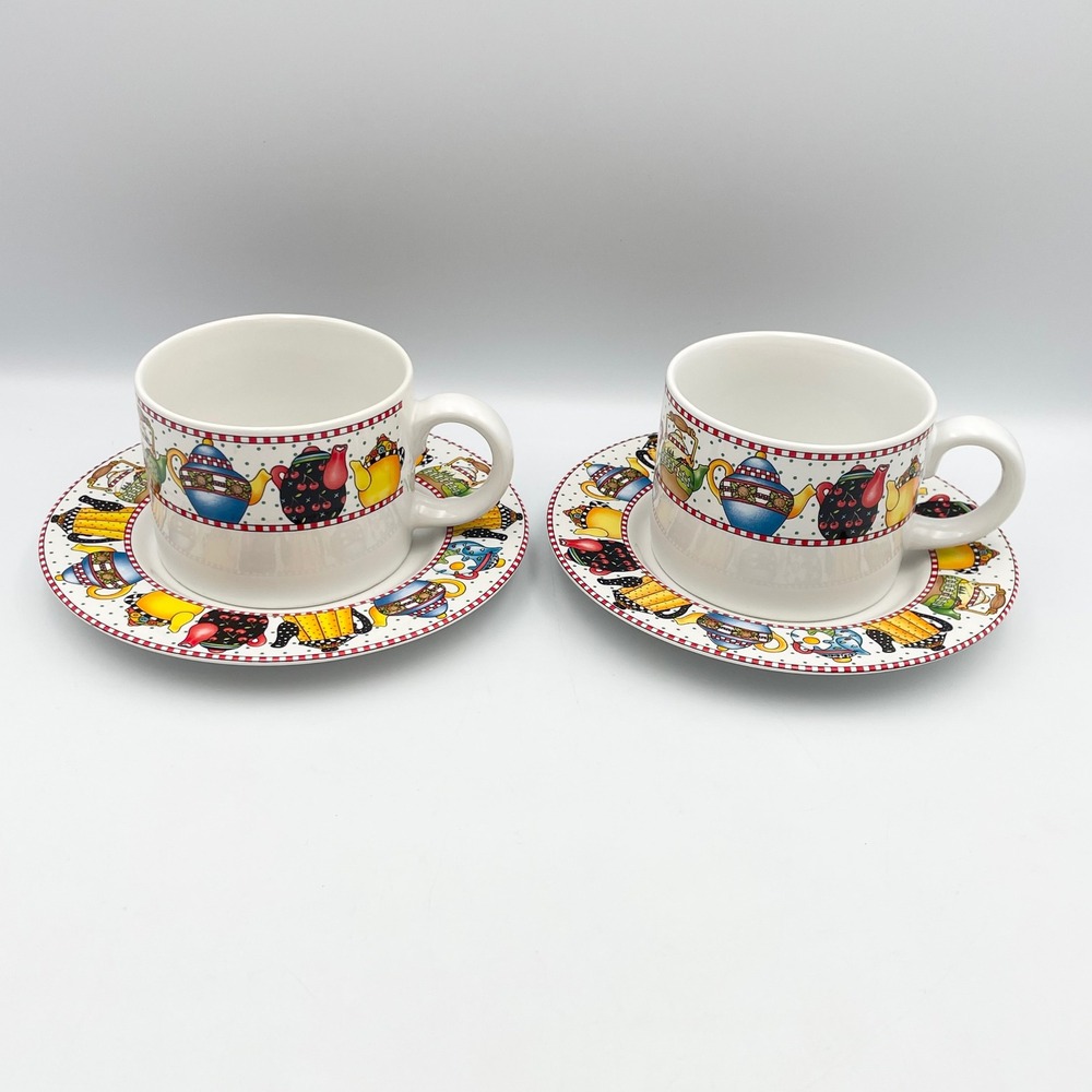 Vintage 1994 Sakura Mary Engelbreit Afternoon Tea Cups & Saucers Set of 2